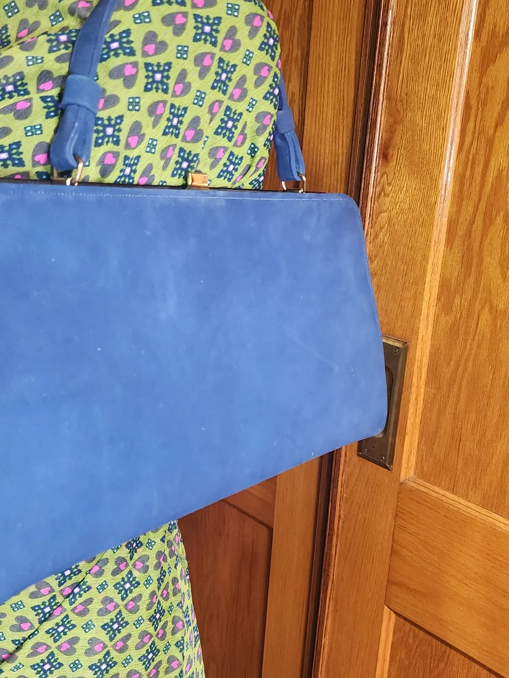 Vintage Blue Suede Clutch with Patent Leather Trim